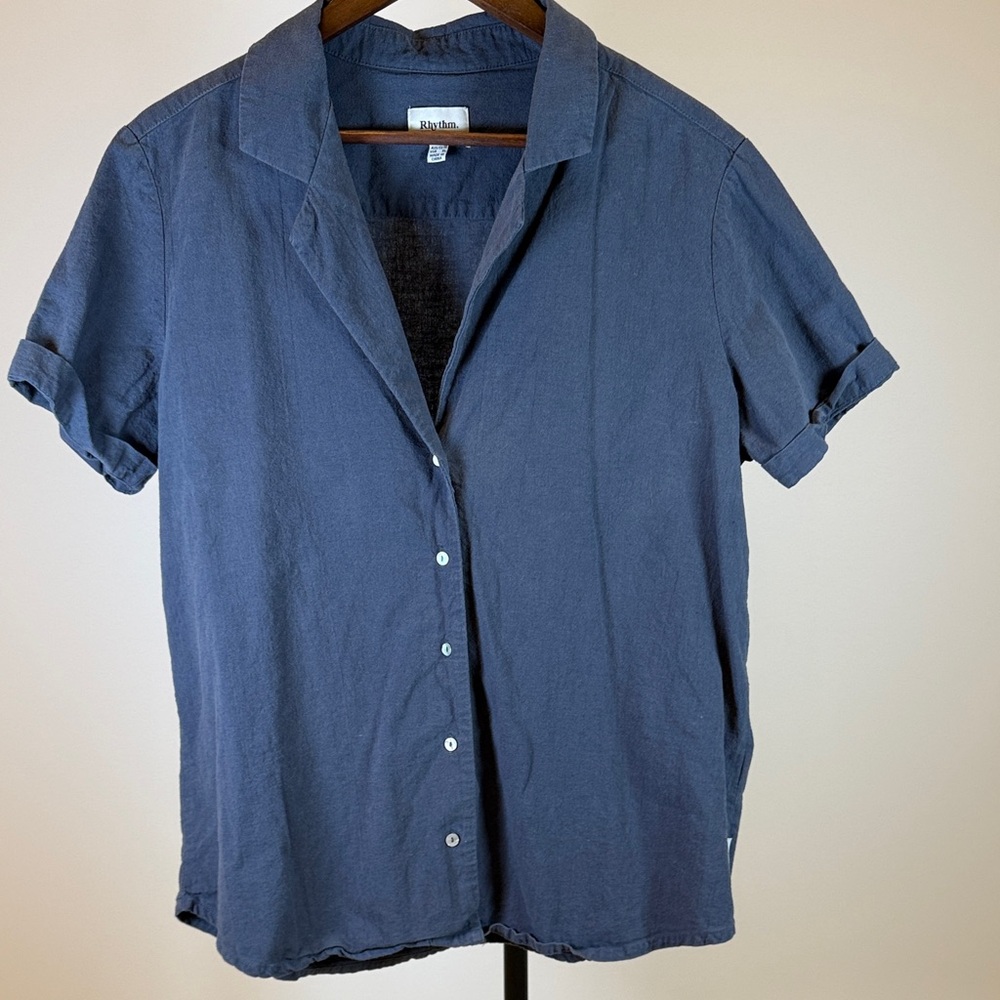 Rhythm Navy Cotton/Linen Blend Casual Button Down Shirt. Size XL
